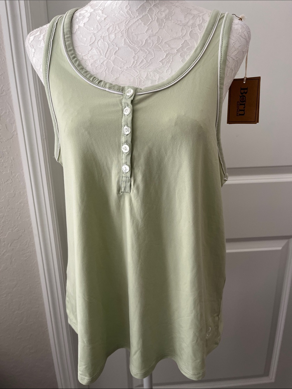 Born Light Sage Henley Tank with Contrast Trim SZ L